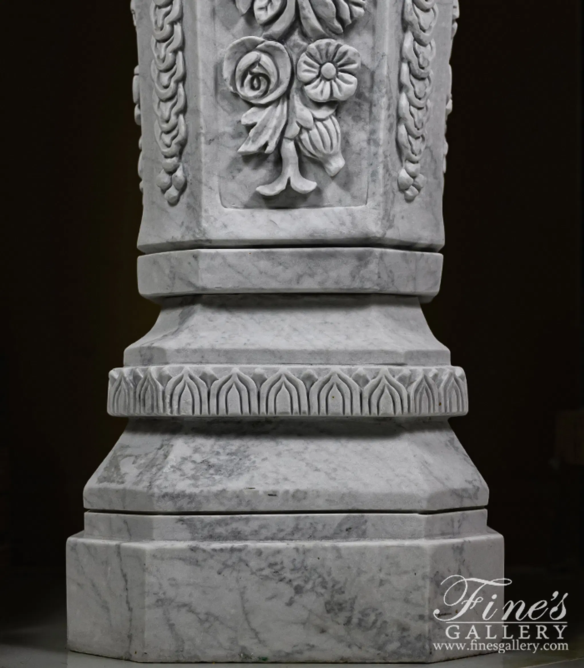 Floral Marble Pedestal Pair in Metrix White Marble — Model MBS-084 — detail view 4