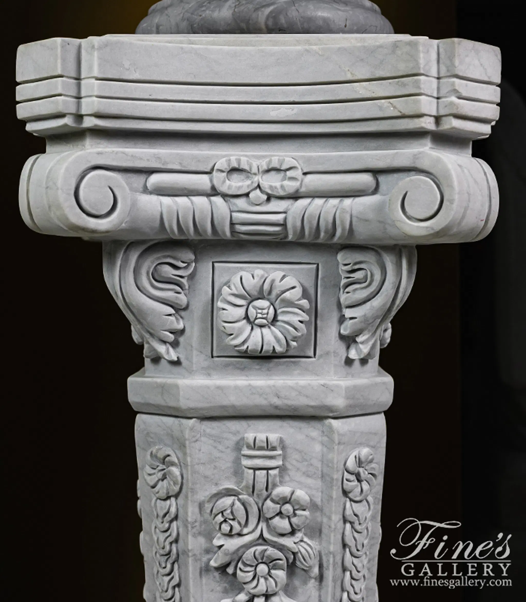 Floral Marble Pedestal Pair in Metrix White Marble — Model MBS-084 — detail view 5