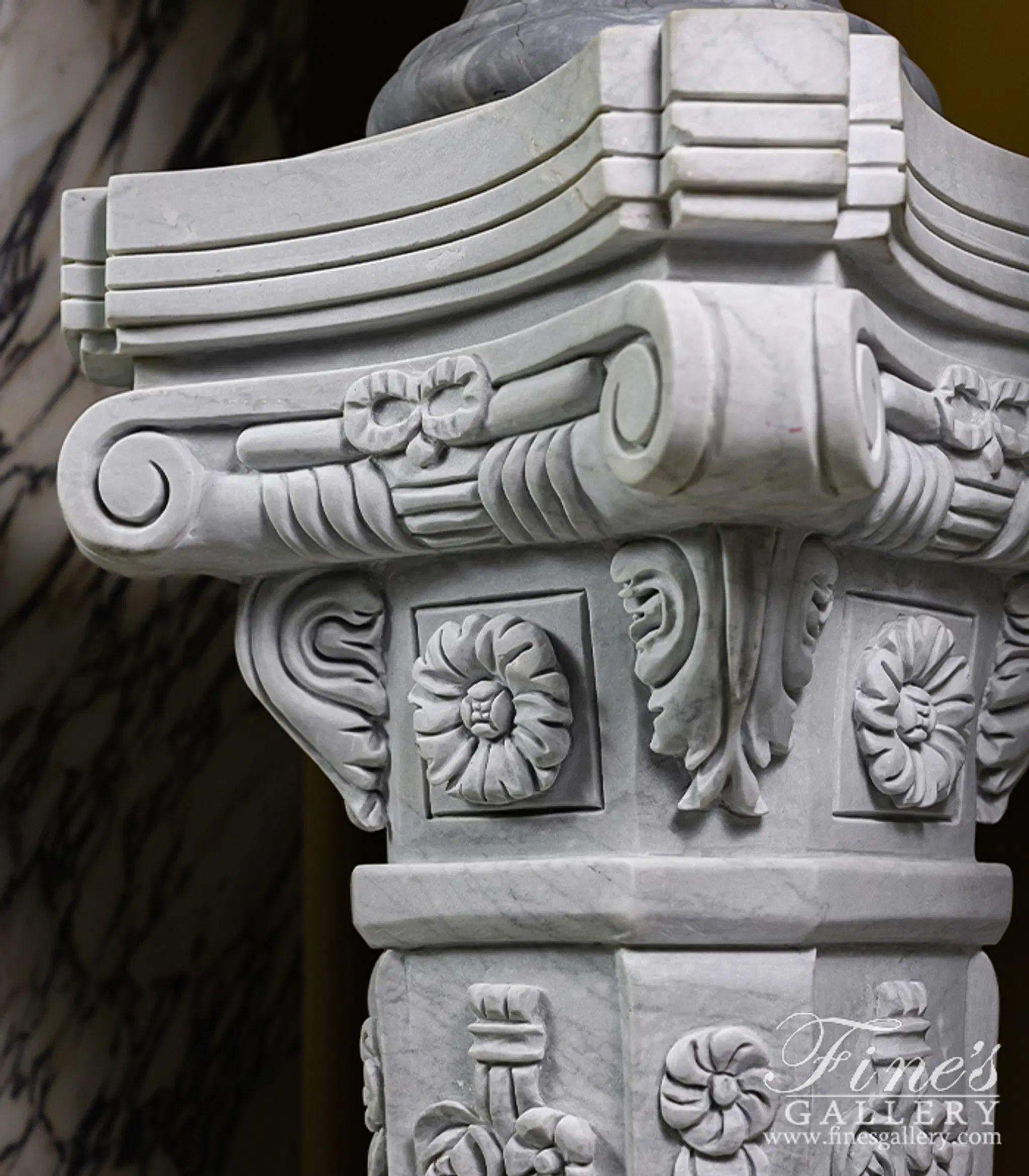 Floral Marble Pedestal Pair in Metrix White Marble — Model MBS-084 — detail view 6