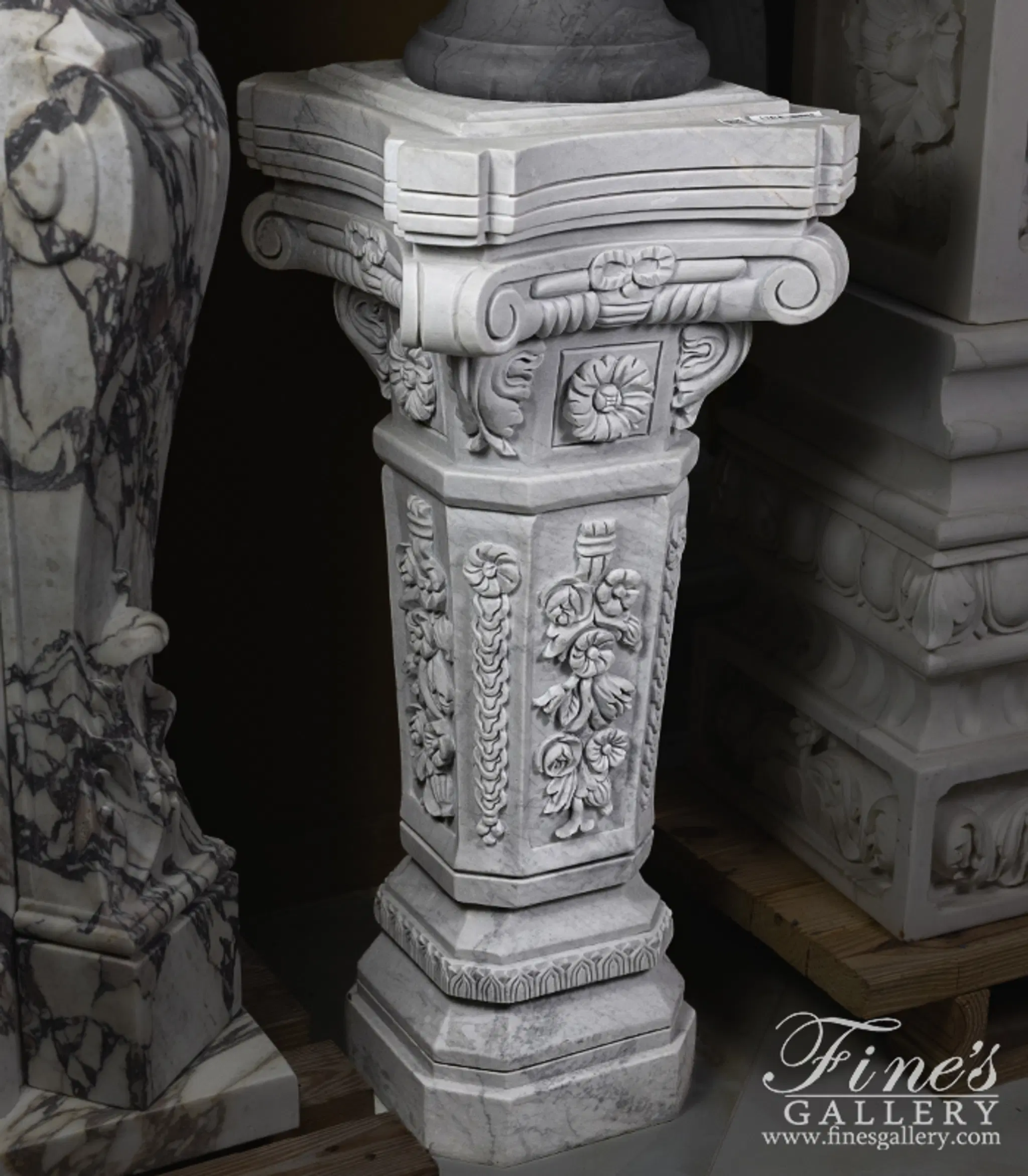 Floral Marble Pedestal Pair in Metrix White Marble — Model MBS-084 — detail view 1