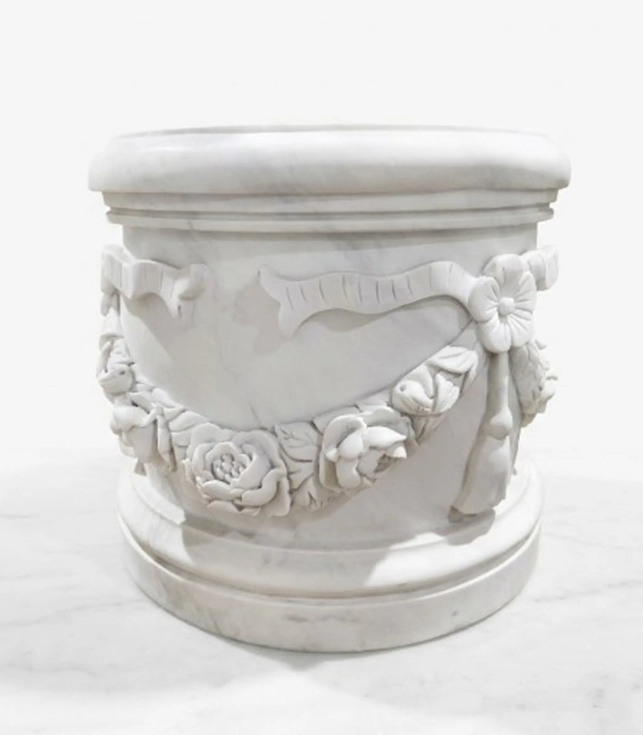 Floral Garland Statuary White Marble Pedestal — Model MBS-291 — Hand-Crafted by Fine's Gallery