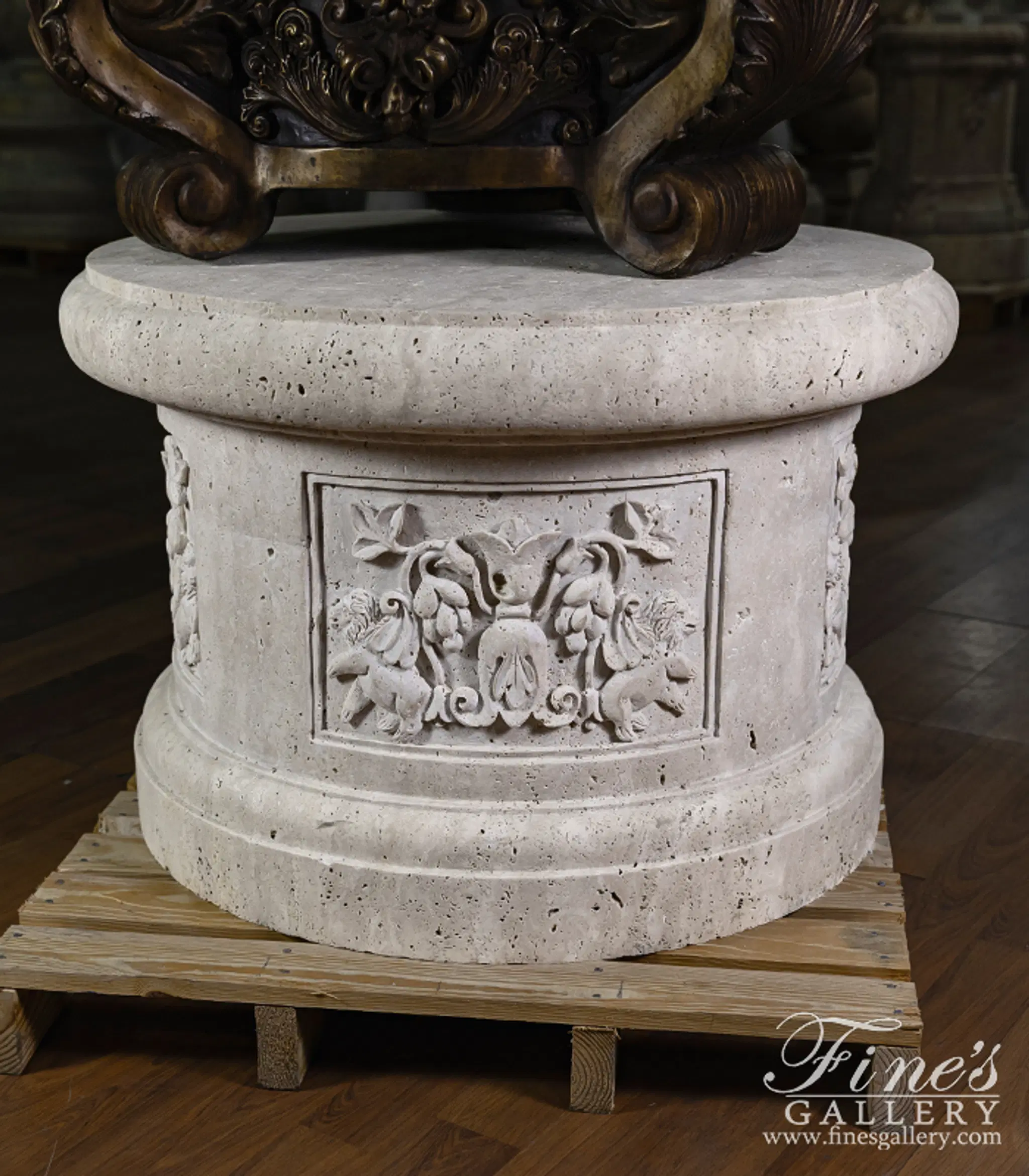 Winged Lions Fountain Base in Unfilled Classic Light Travertine — Model MBS-373 — Hand-Crafted by Fine's Gallery
