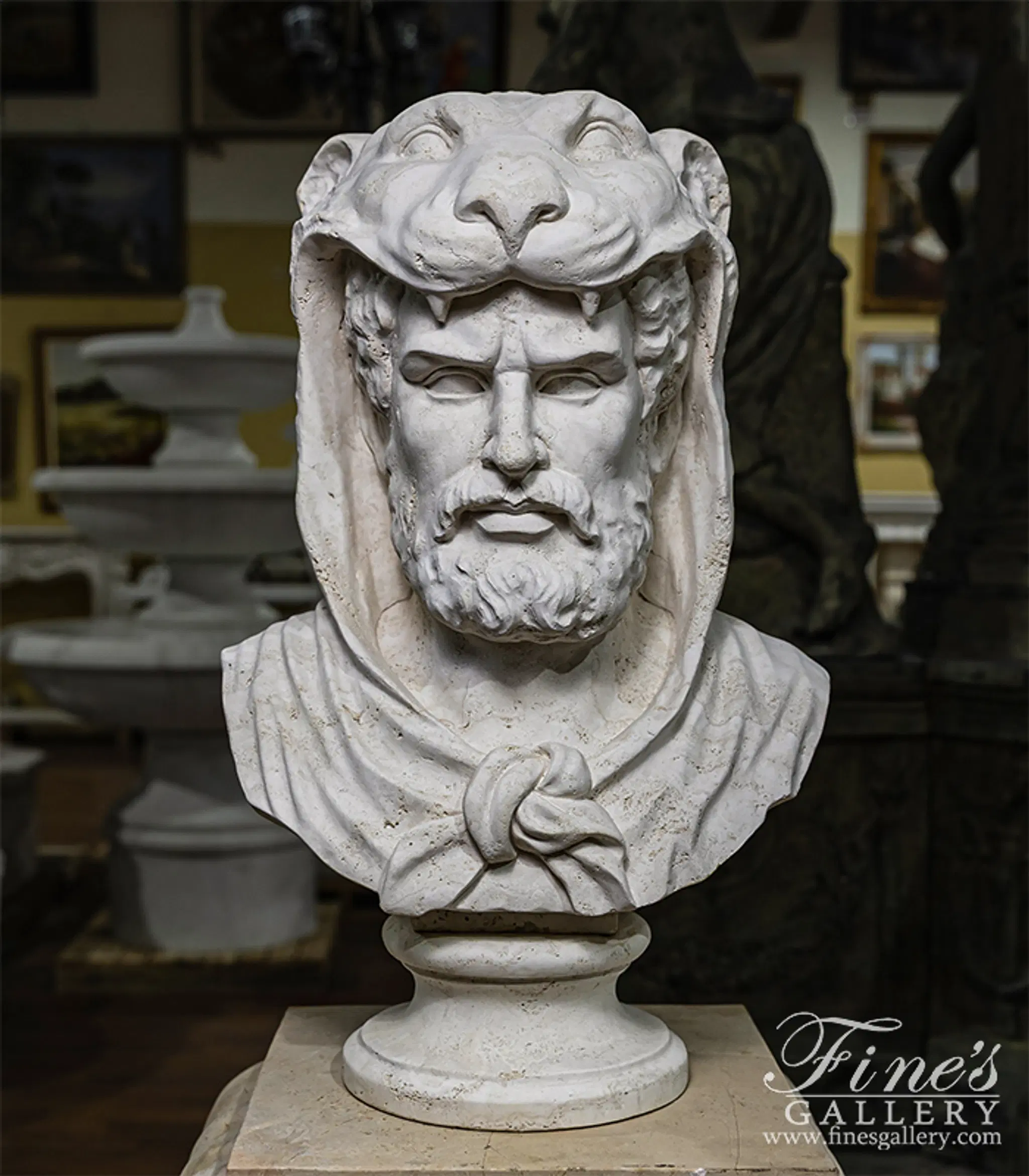 Heracles the Lion Slayer in Italian Ivory Travertine — Model MBT-520 — Hand-Crafted by Fine's Gallery