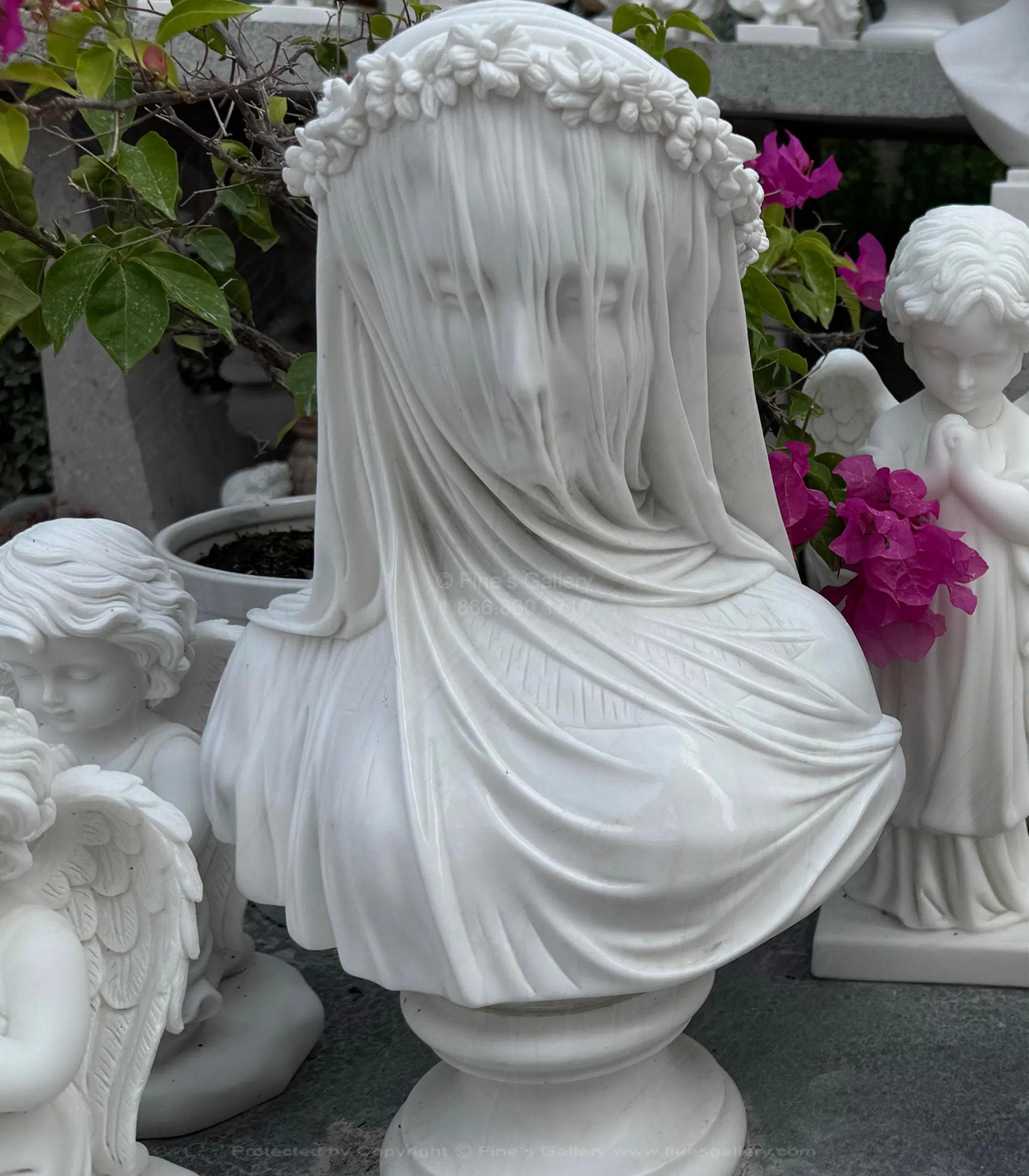 The Veiled Lady Bust in Statuary White Marble — Model MBT-522 — Hand-Crafted by Fine's Gallery