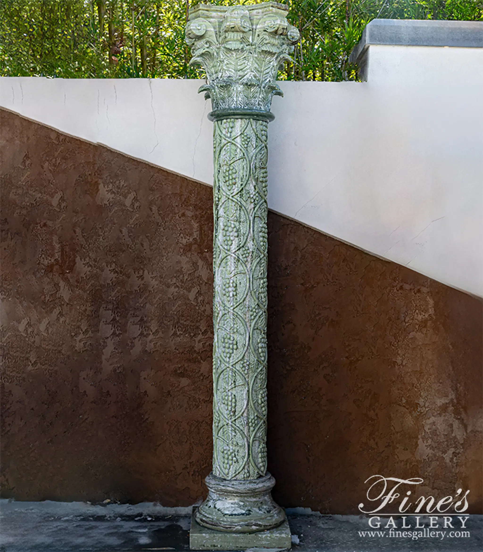 Vintage Verde Green Marble Column Pair with Hand-Carved Grape Vine Detail and Fleur Cap — Model MCOL-101 — Hand-Crafted by Fine's Gallery
