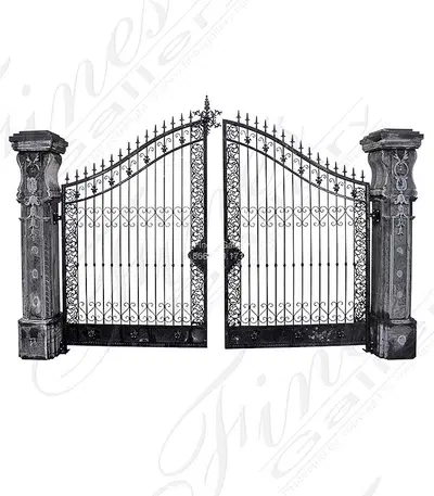 Wrought Iron Entry Gate with Natural Stone Posts
