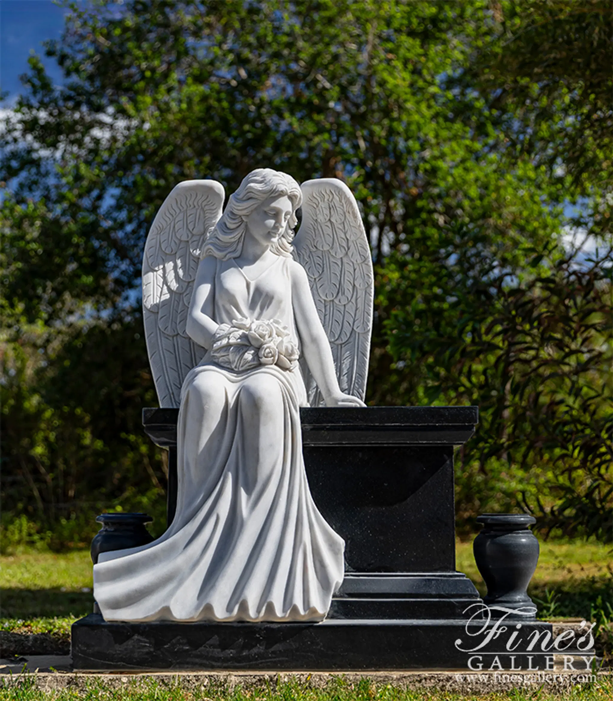White Marble Angel Memorial Statue — Model MEM-519 — Hand-Crafted by Fine's Gallery