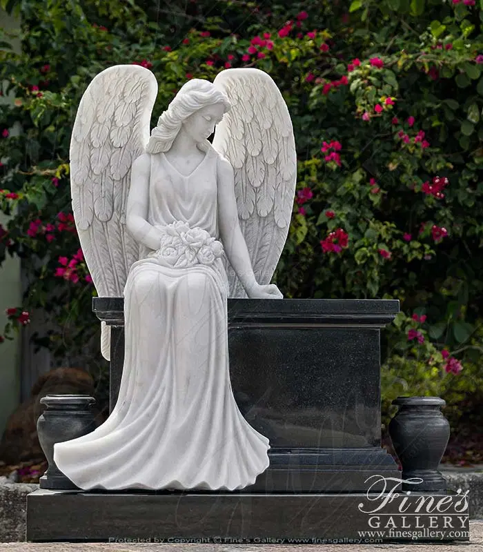 White Marble Angel with Black Granite Bench and Urns