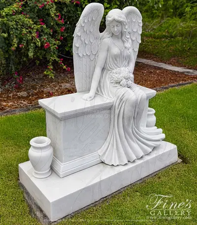 Carved Marble Angel Monument with Sub Base and Urns
