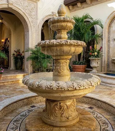 Three Tier Acanthus Style Fountain in Classic Light Travertine
