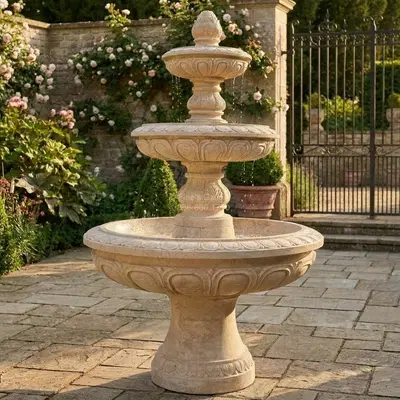 Three Tiered Fountain in Light Travertine