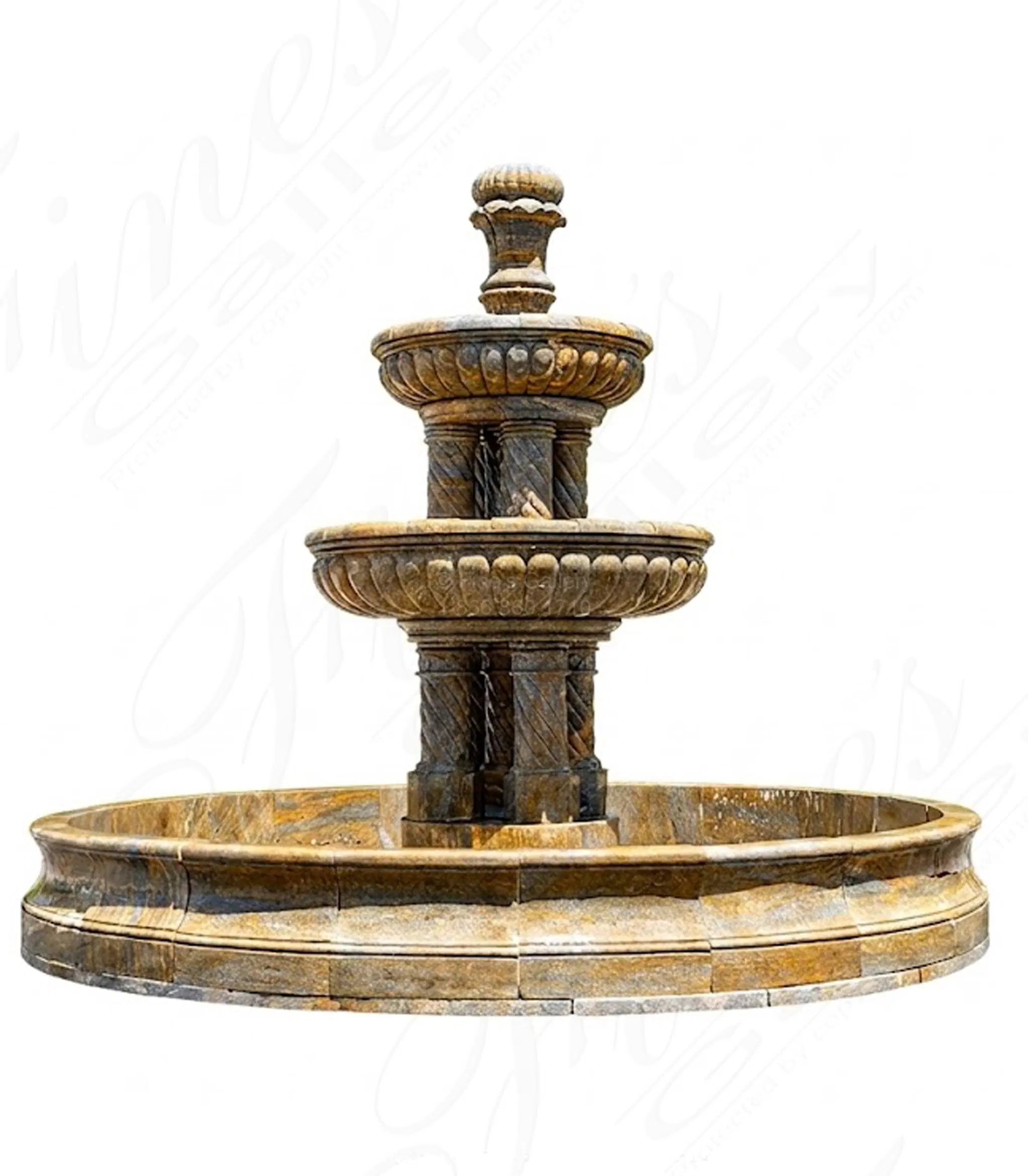 Two Tiered Spiral Column Fountain in Granite — Model MF-1305 — Hand-Crafted by Fine's Gallery