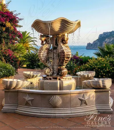 Seahorse Theme Marble Fountain - Two-Tone Red, White & Cream Exotic Marble with Multi-Tier Water Feature