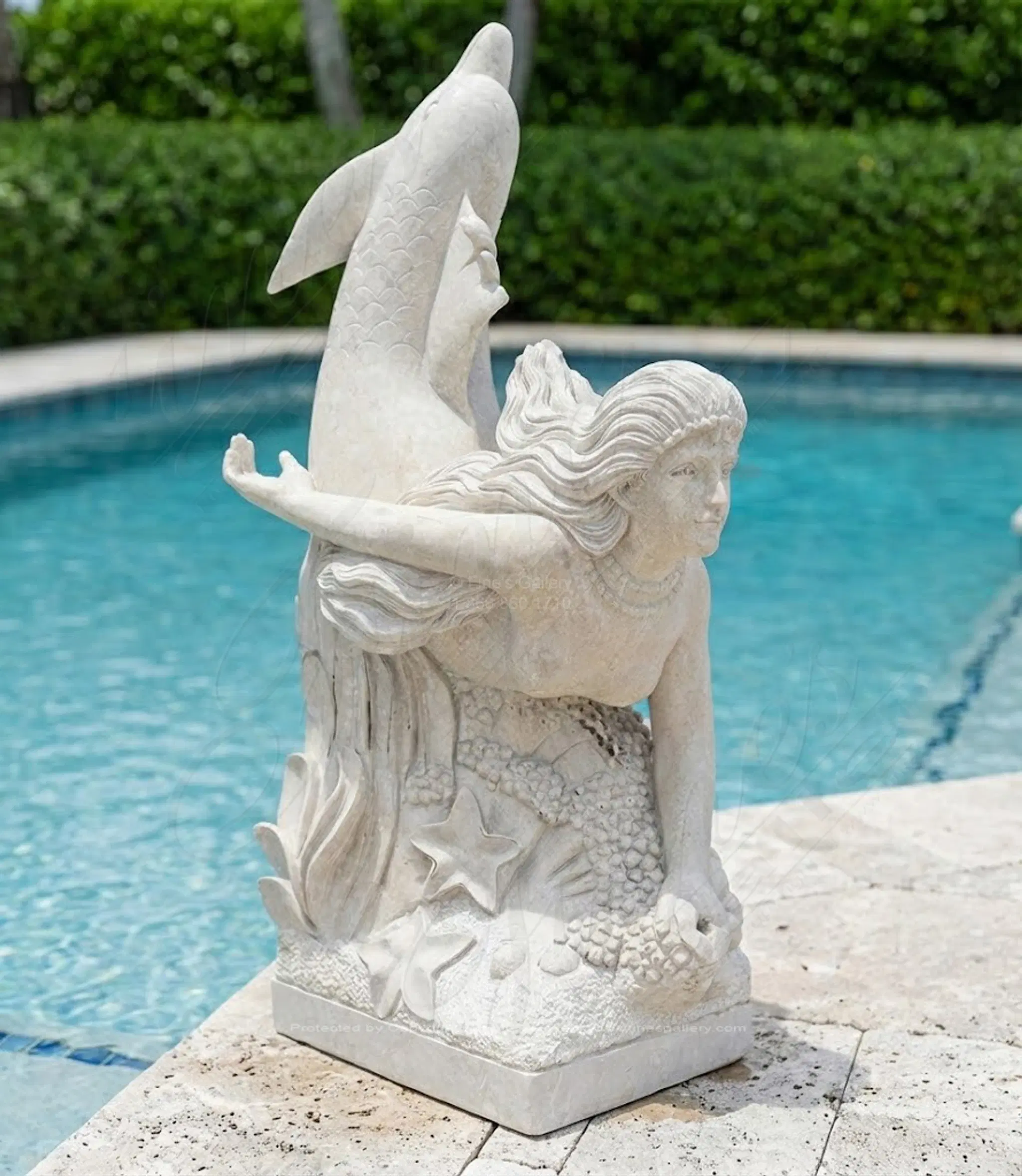 Marble Mermaid Fountain - Light Cream Outdoor Water Feature with Pool - Elegant Garden Decor