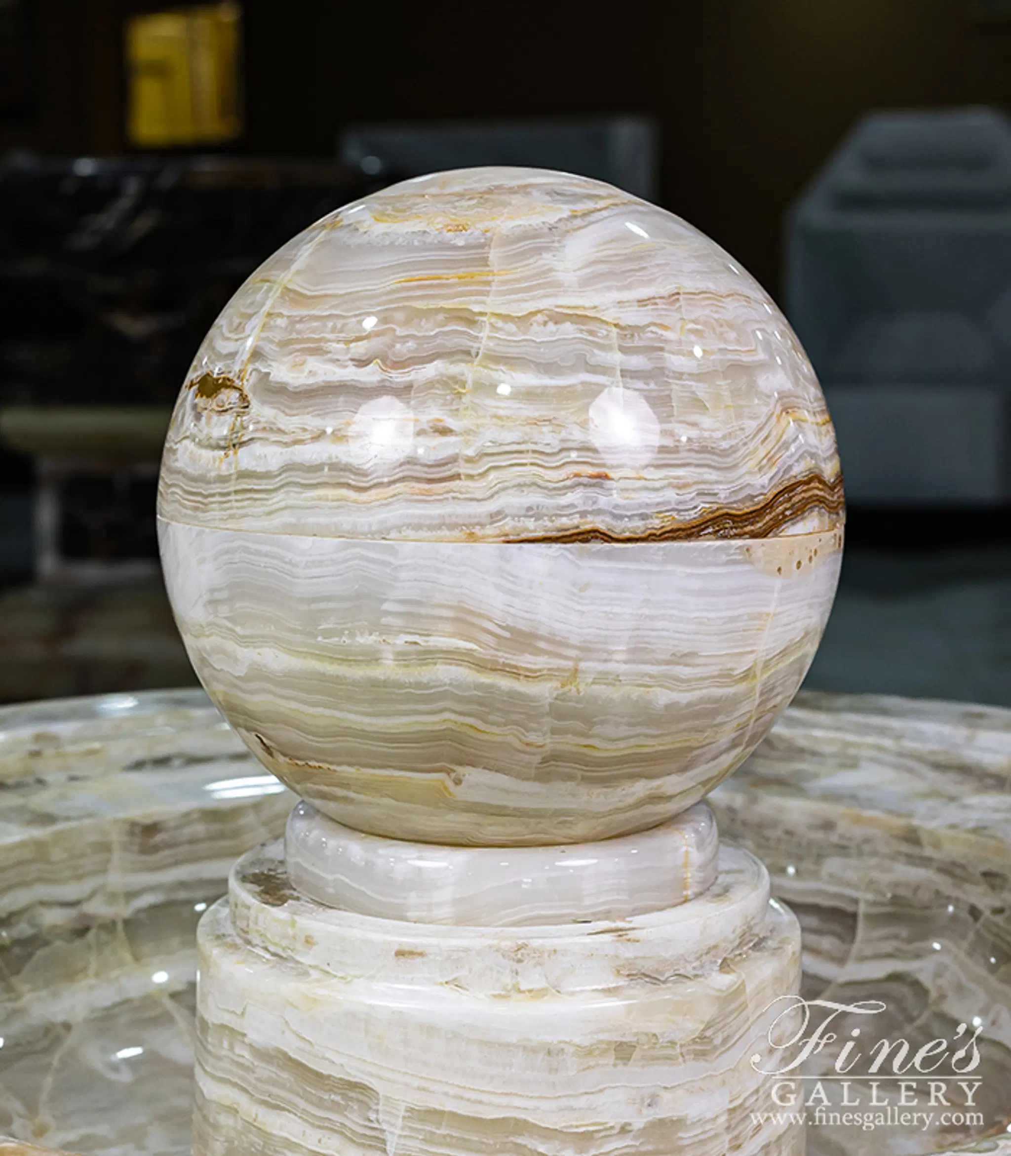 Hand-Crafted White Onyx Fountain with Sphere — Model MF-1597 — detail view 3