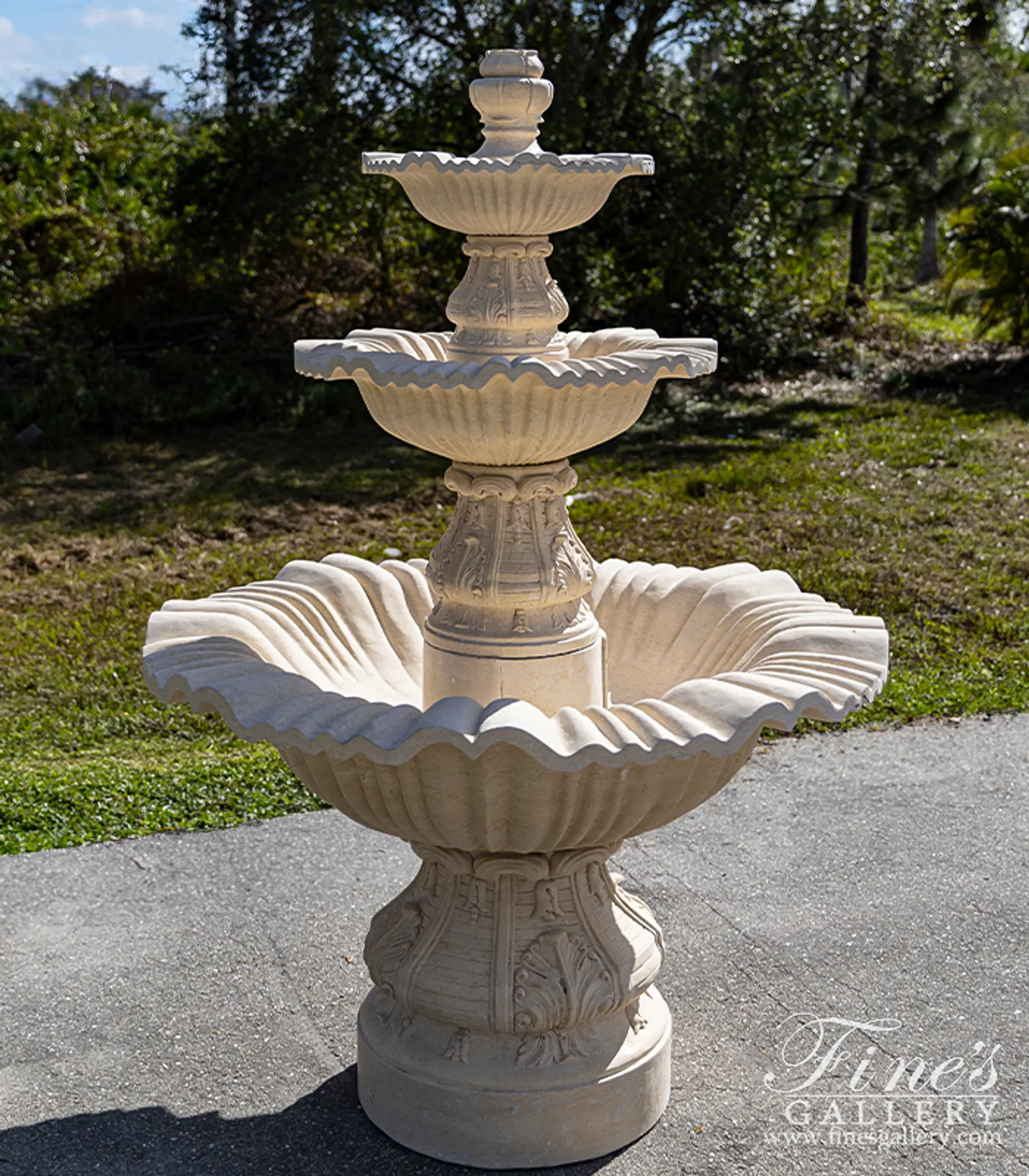 Hand Carved Marble Fountain with Floral Scrollwork and Scalloped Bowls — Model MF-1607 — Hand-Crafted by Fine's Gallery
