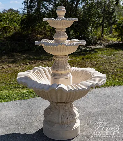 Hand Carved Marble Fountain with Floral Scrollwork and Scalloped Bowls
