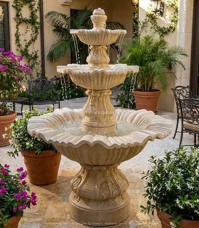 Hand Carved Marble Fountain with Floral Scrollwork and Scalloped Bowls