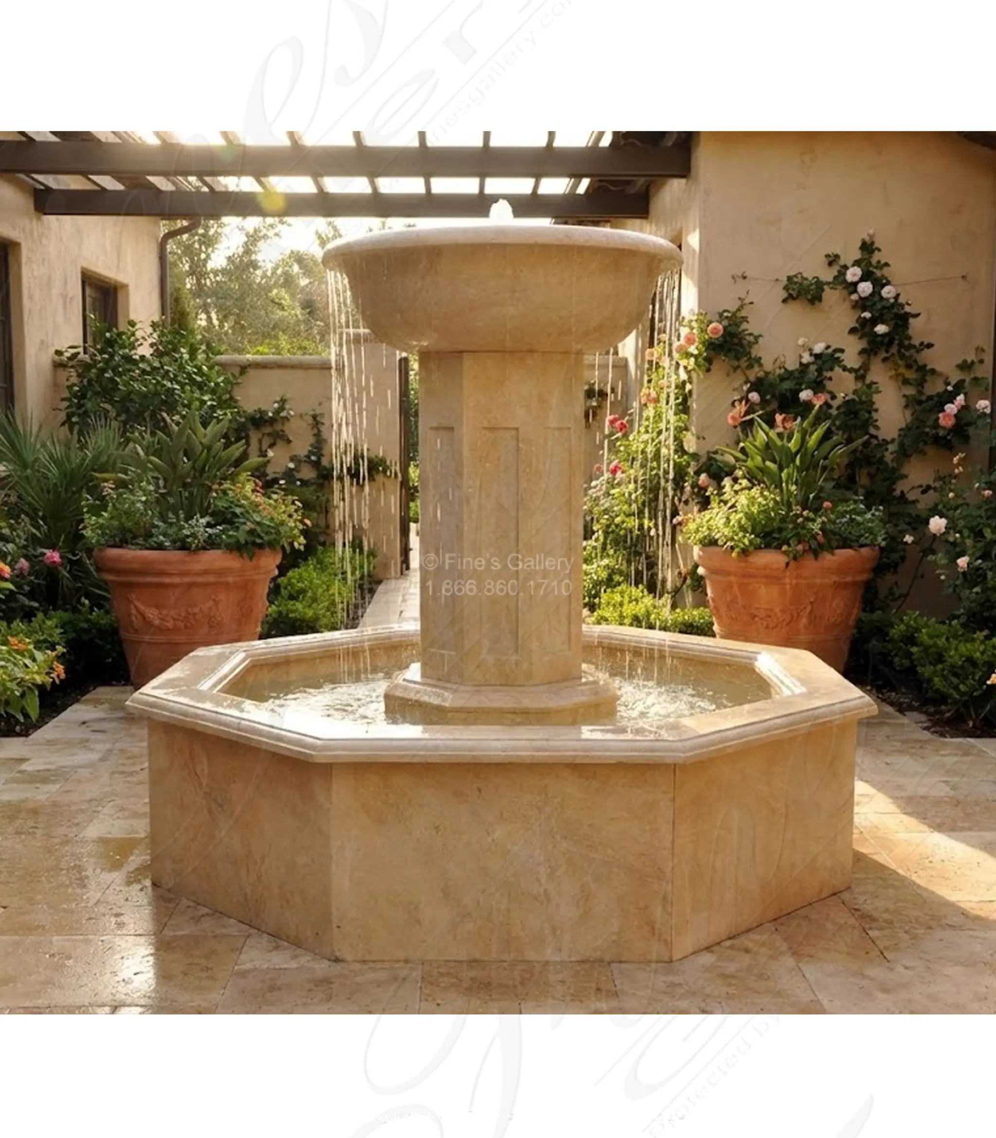 Travertine Garden Fountain - Natural Stone Single Bowl with Octagonal Post and Basin - Elegant Outdoor Water Feature