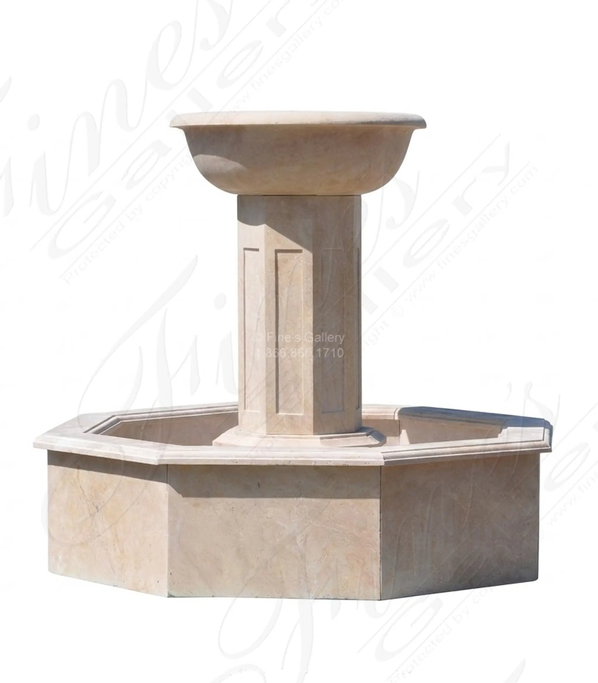 Travertine Garden Fountain - Natural Stone Single Bowl with Octagonal Post and Basin - Elegant Outdoor Water Feature