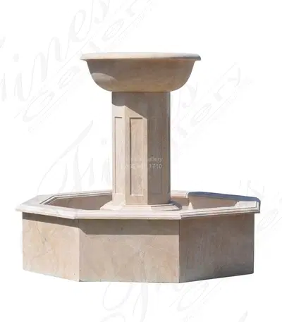 Travertine Garden Fountain - Natural Stone Single Bowl with Octagonal Post and Basin - Elegant Outdoor Water Feature