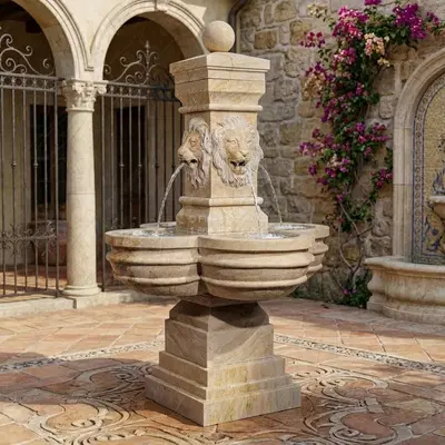 Italian Villa Lion Heads Marble Fountain