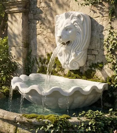 White Marble Lion Head Fountain with Catch Basin - Roman Style Hand Carved Outdoor Water Feature