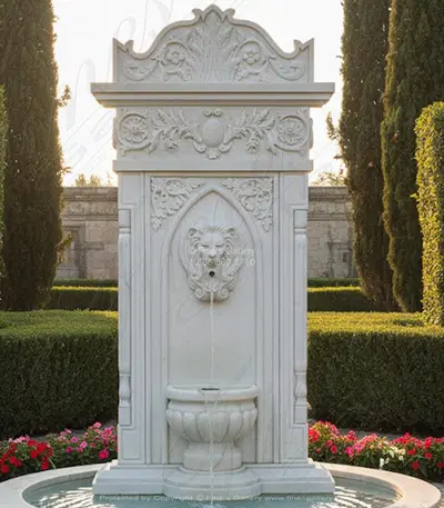 Majestic Marble Wall Fountain with Lion Head and Floral Carving - Elegant Outdoor Water Feature