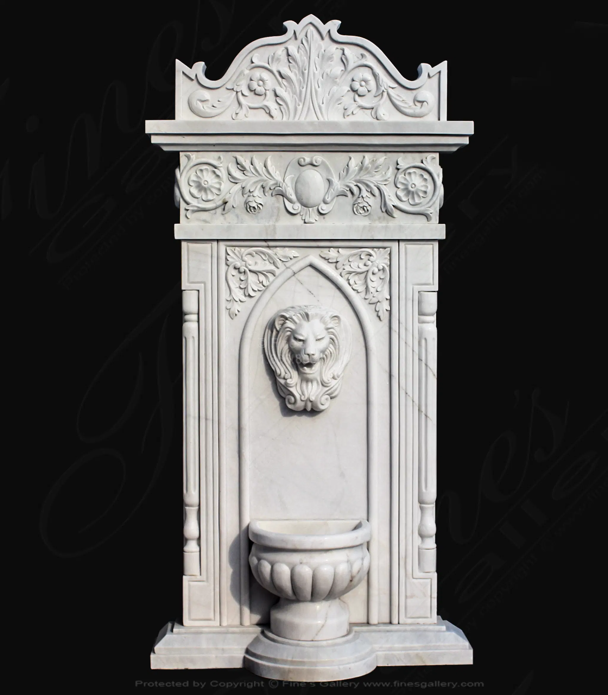 Majestic Marble Wall Fountain with Lion Head and Floral Carving - Elegant Outdoor Water Feature — Model MF-1779 — Hand-Crafted by Fine's Gallery