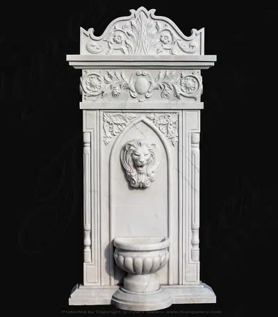 Majestic Marble Wall Fountain with Lion Head and Floral Carving - Elegant Outdoor Water Feature