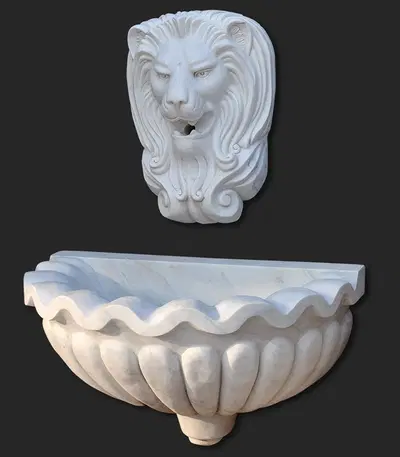 White Marble Lion Head Fountain with Catch Basin - Roman Style Hand Carved Outdoor Water Feature