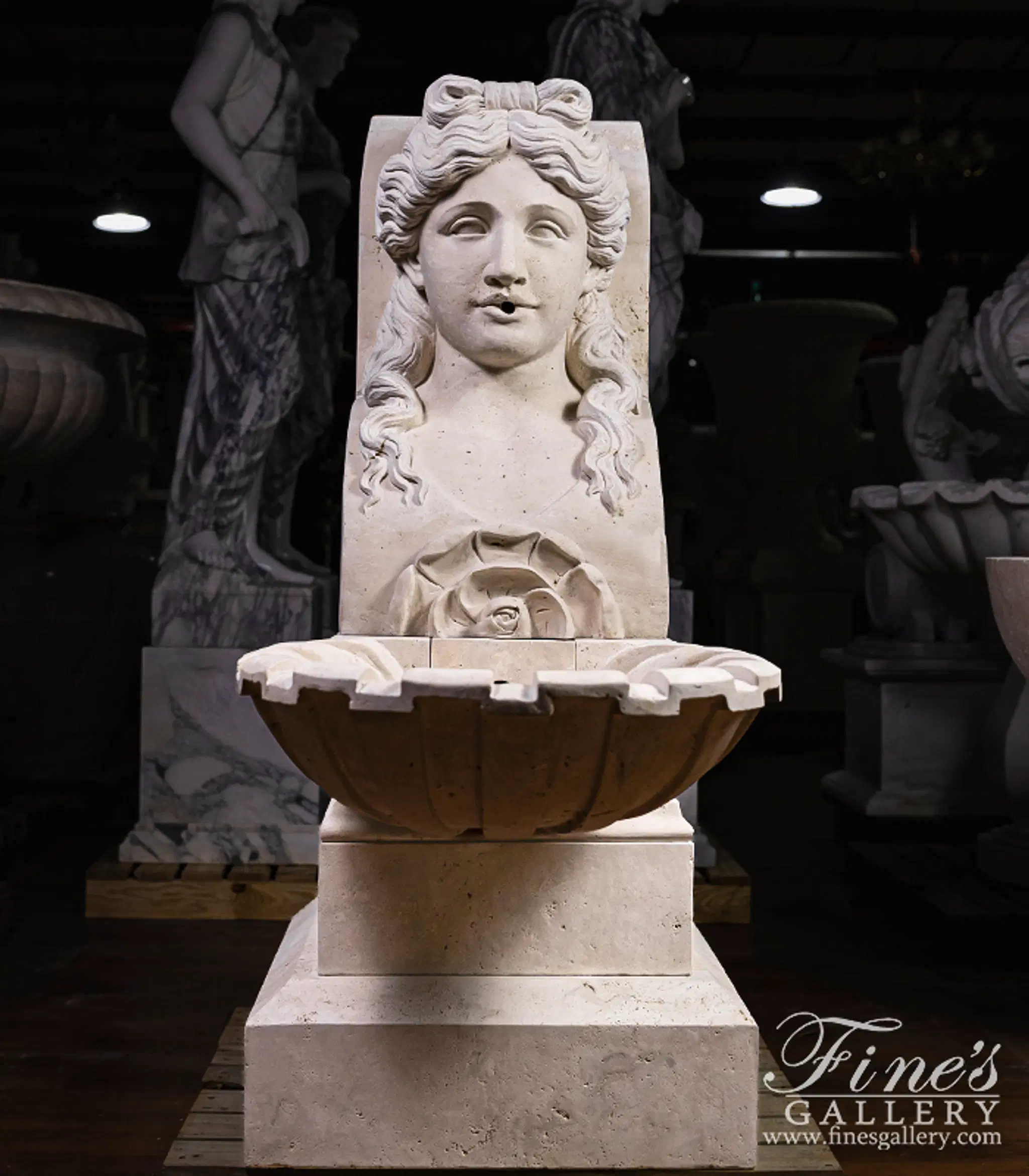 Roman Lady Fountain In Hand Carved Italian Travertine — Model MF-1954 — detail view 5
