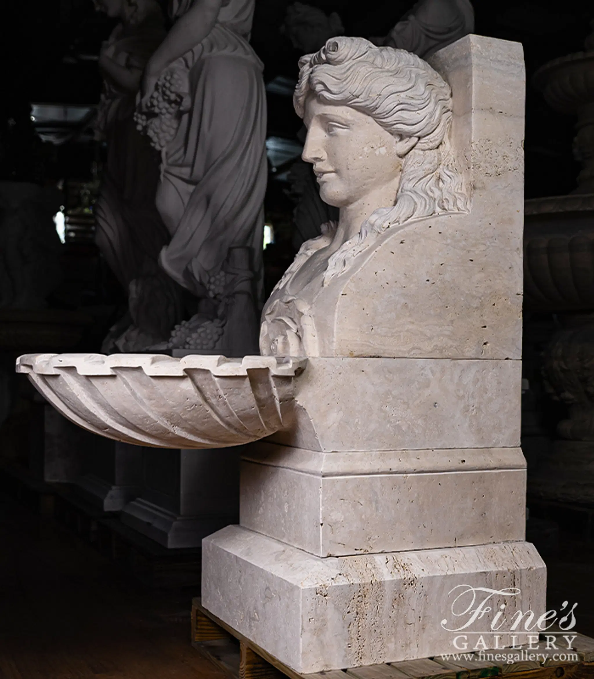 Roman Lady Fountain In Hand Carved Italian Travertine — Model MF-1954 — detail view 2