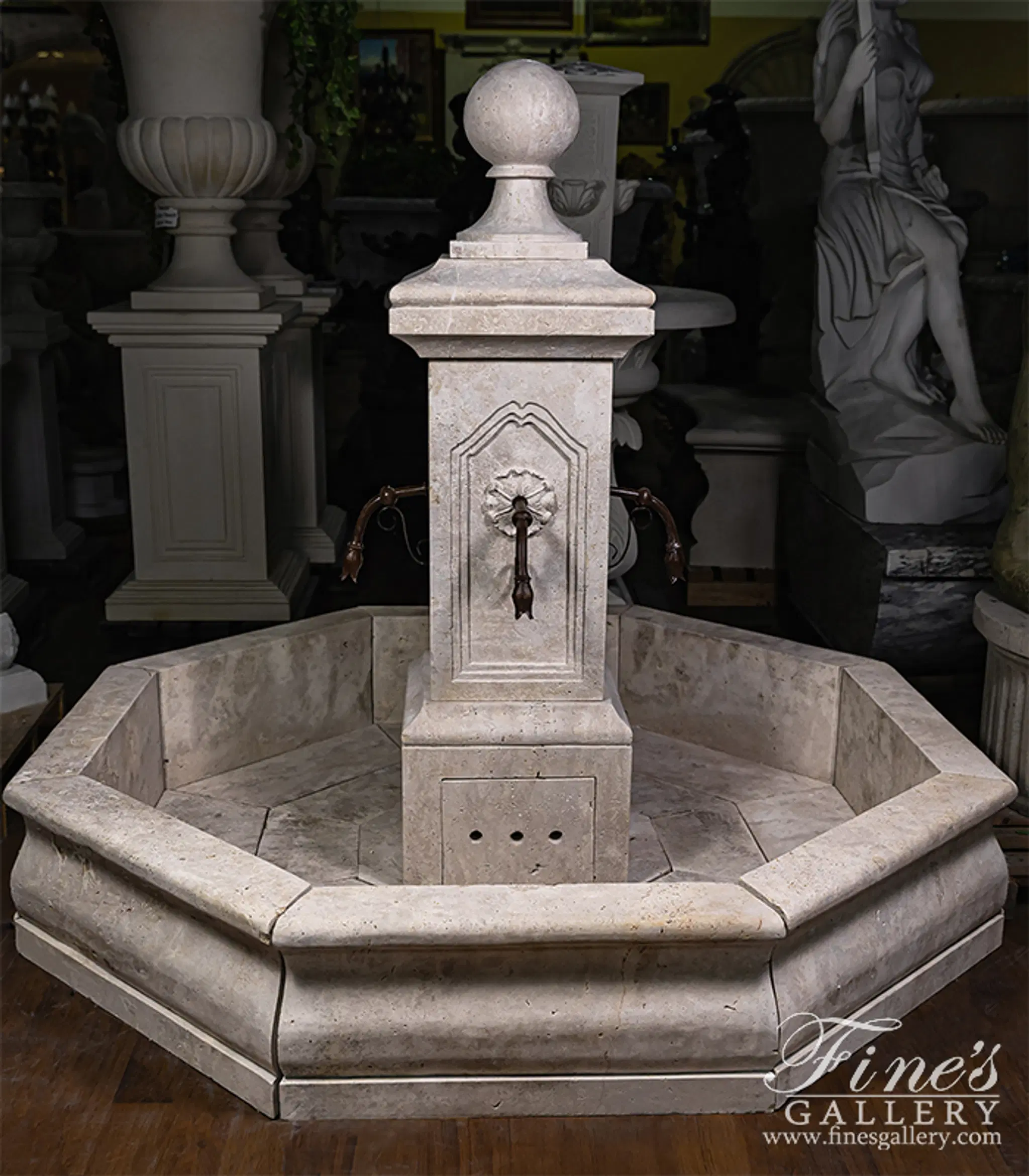 French Country Travertine Stone Fountain - Elegant Single Post Garden Water Feature — Model MF-2000 — detail view 1