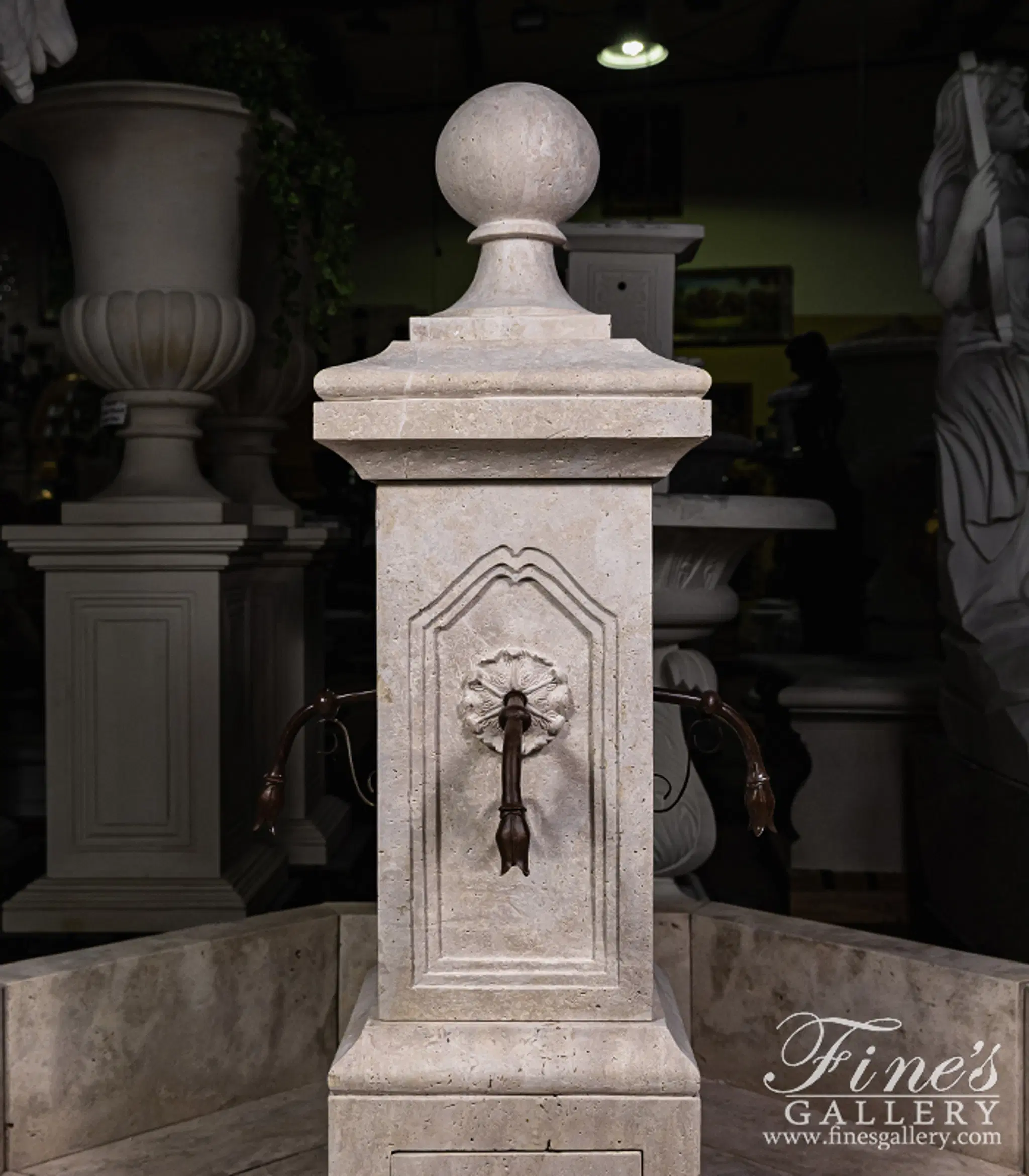 French Country Travertine Stone Fountain - Elegant Single Post Garden Water Feature — Model MF-2000 — detail view 2