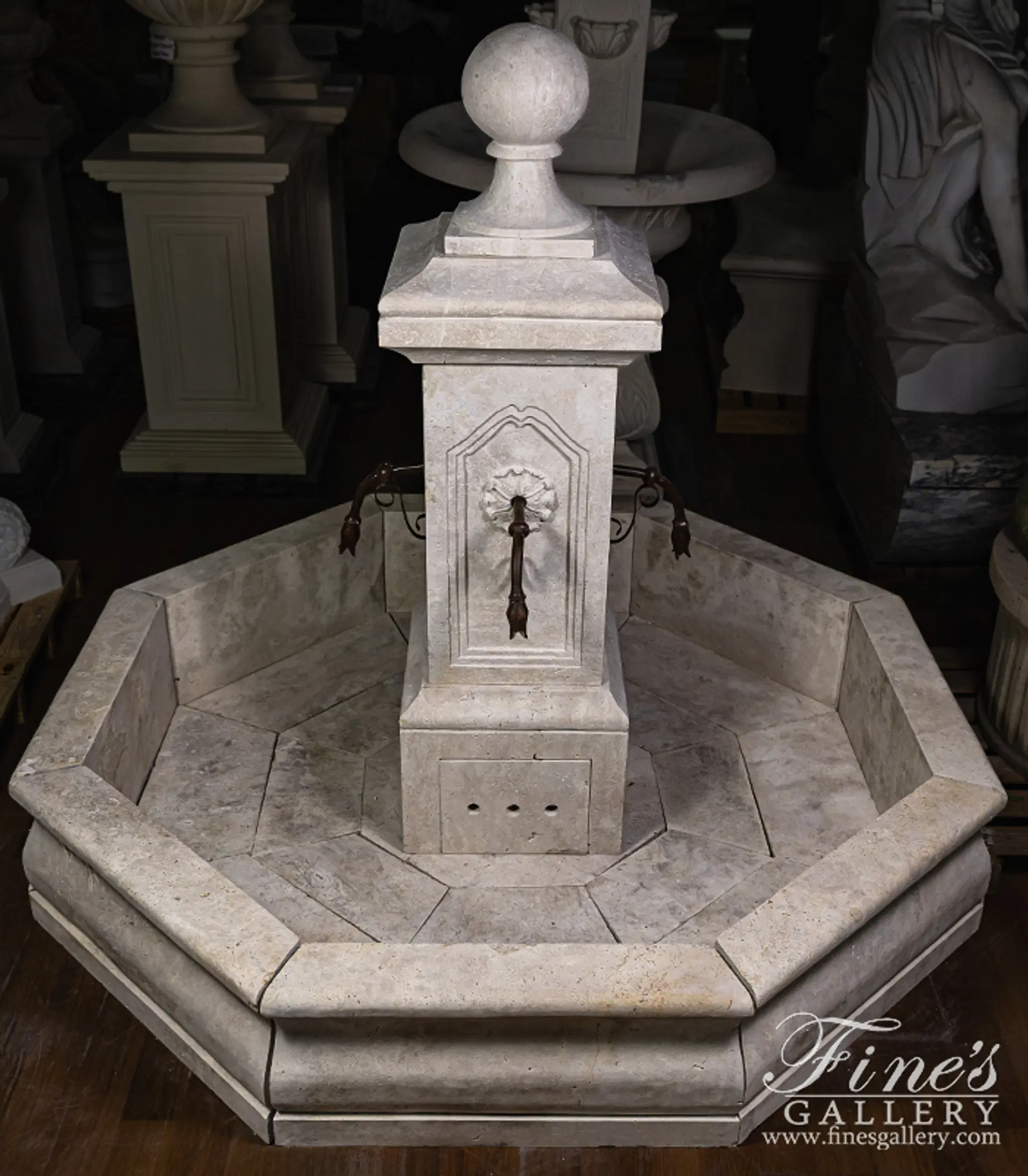 French Country Travertine Stone Fountain - Elegant Single Post Garden Water Feature — Model MF-2000 — detail view 3
