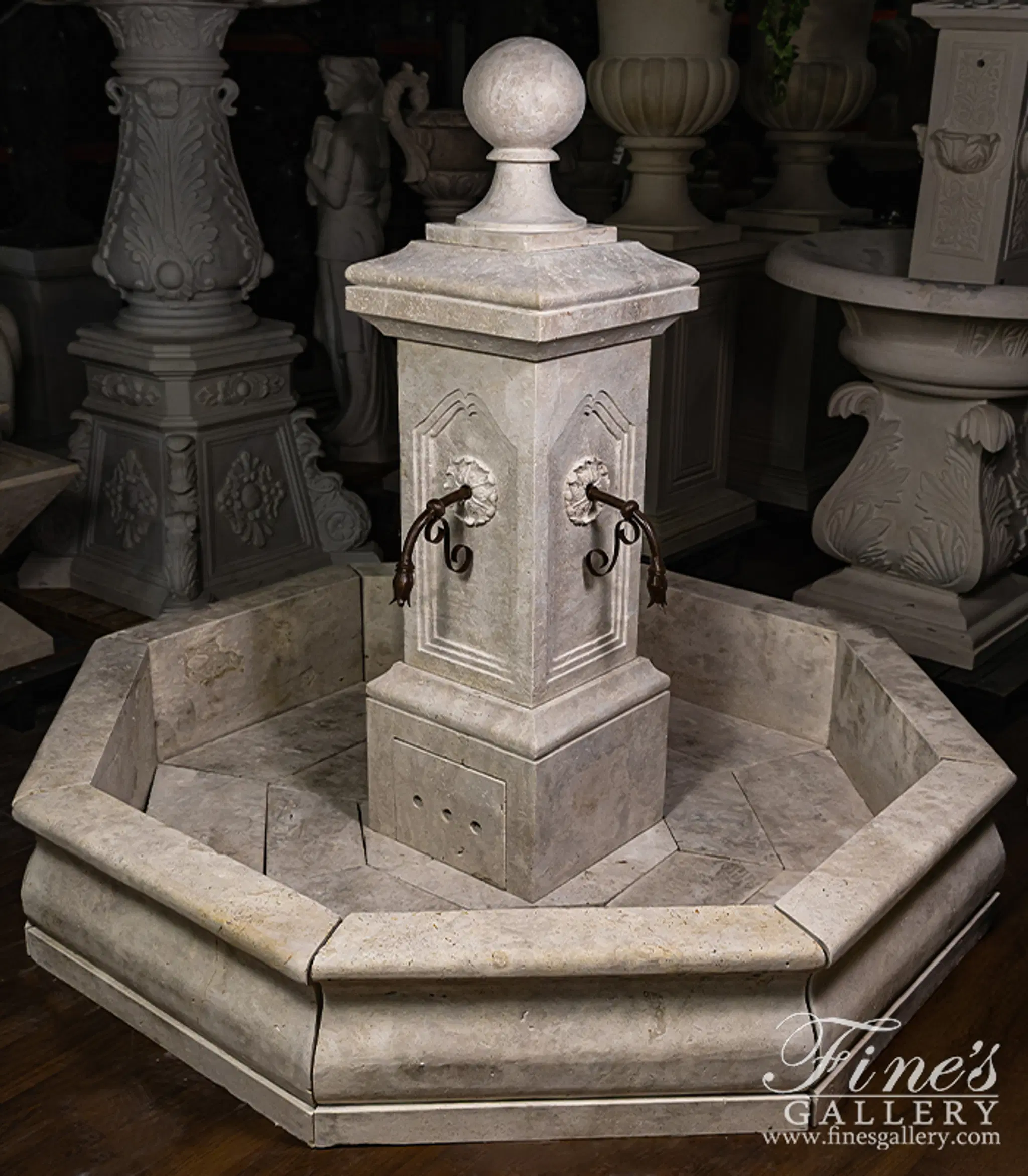 French Country Travertine Stone Fountain - Elegant Single Post Garden Water Feature — Model MF-2000 — detail view 5