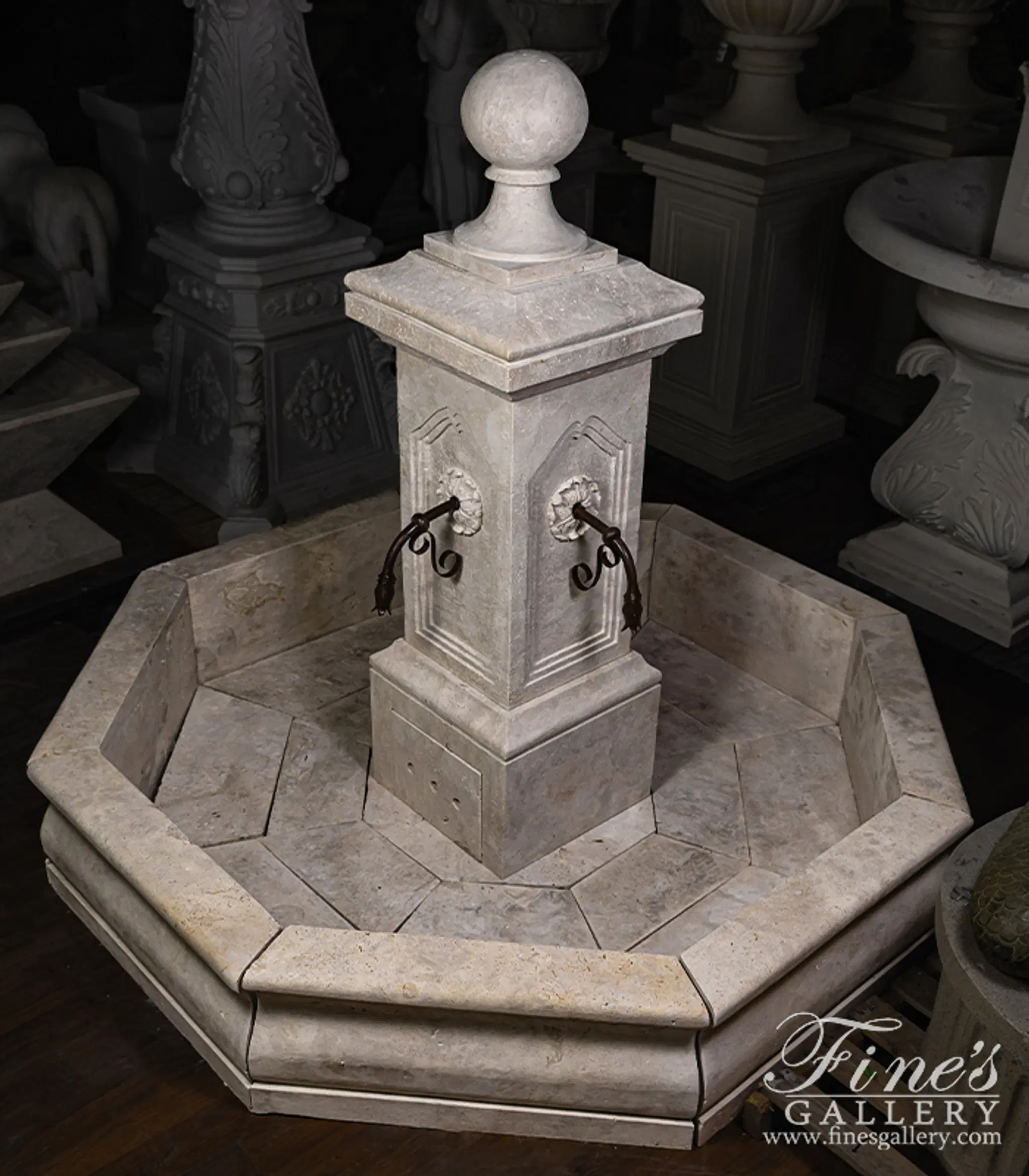 French Country Travertine Stone Fountain - Elegant Single Post Garden Water Feature — Model MF-2000 — detail view 6