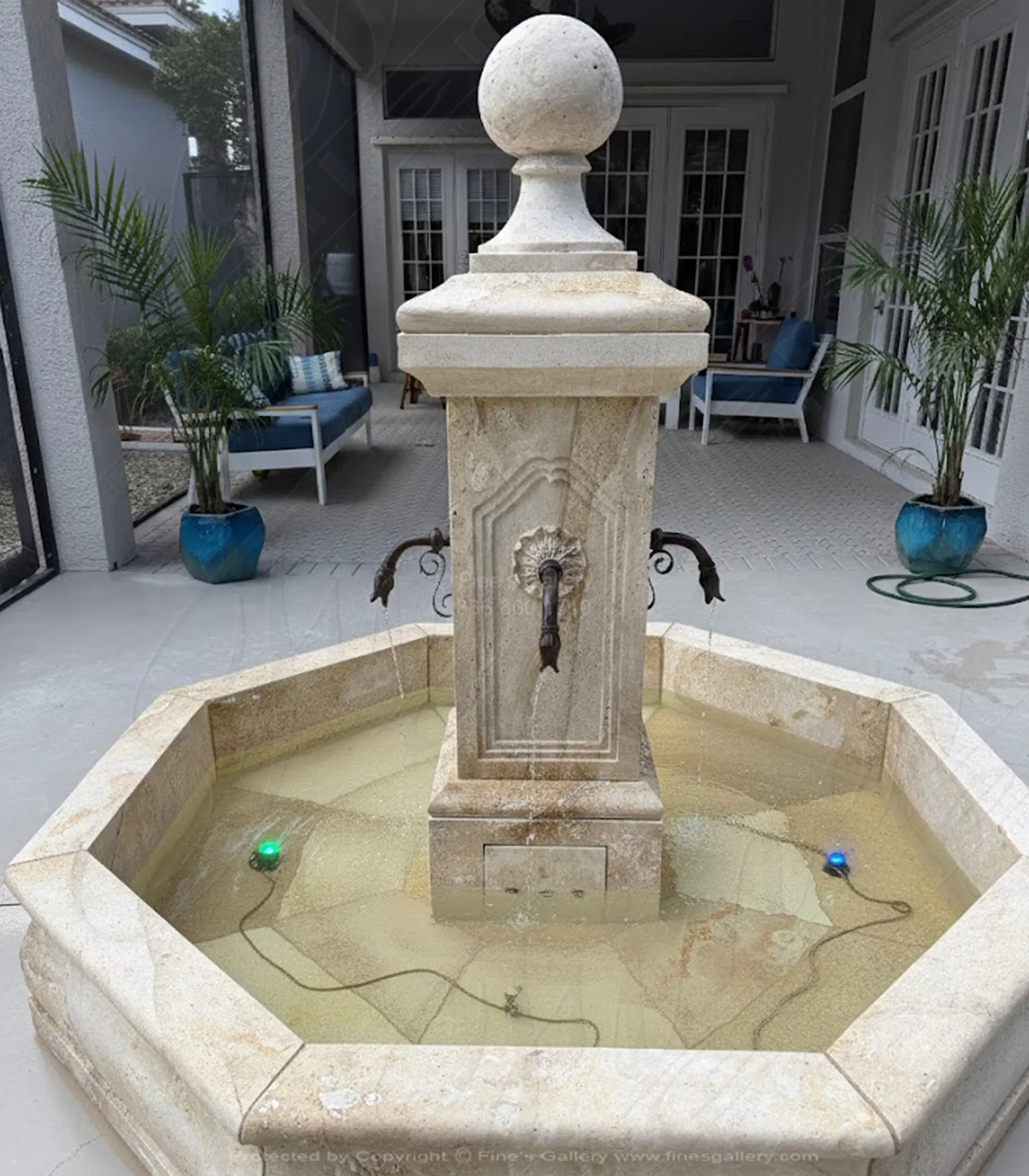 French Country Travertine Stone Fountain - Elegant Single Post Garden Water Feature