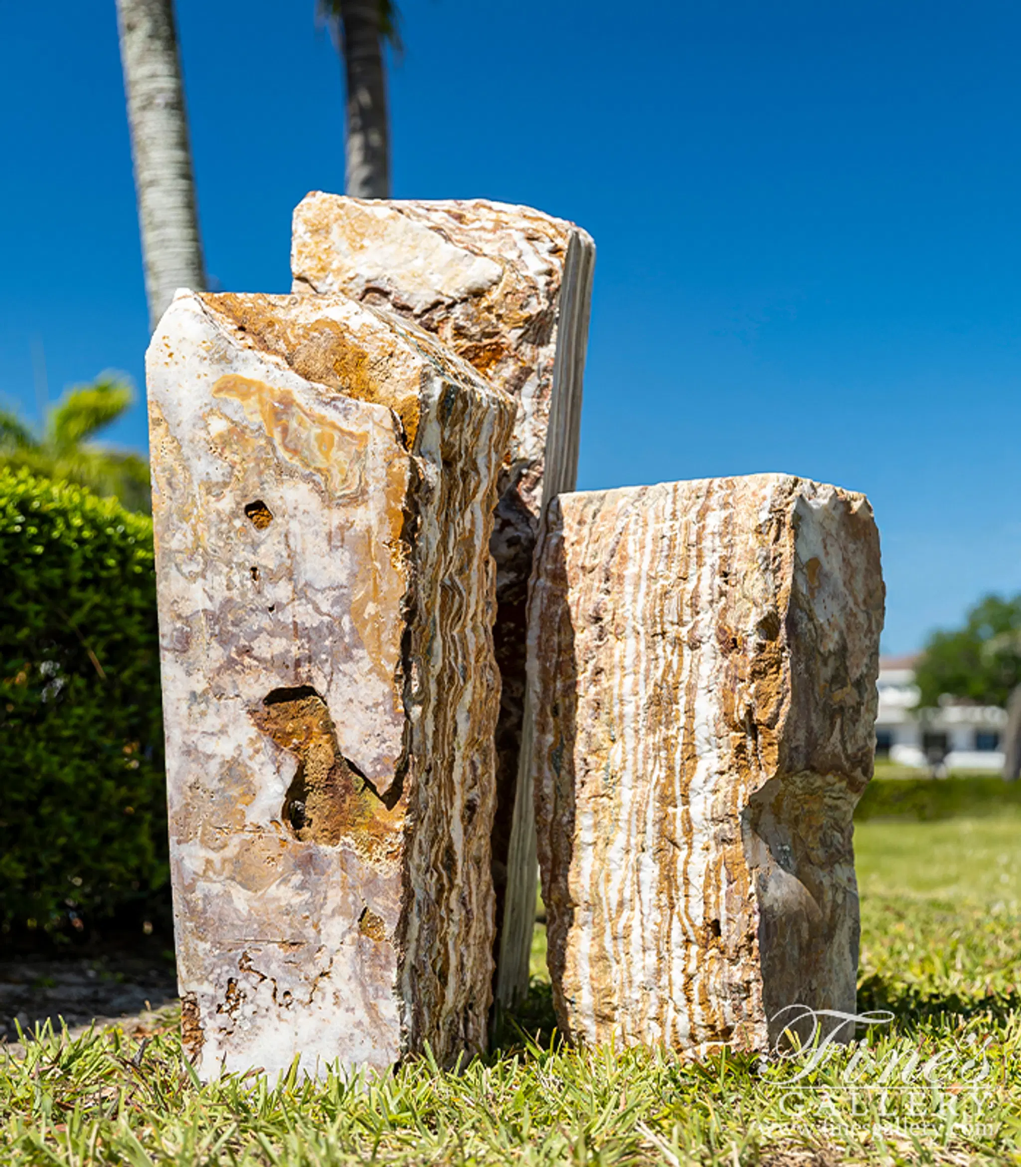 Triple Pillar Stone Fountain in Rare Natural Stone — Model MF-2019 — Hand-Crafted by Fine's Gallery