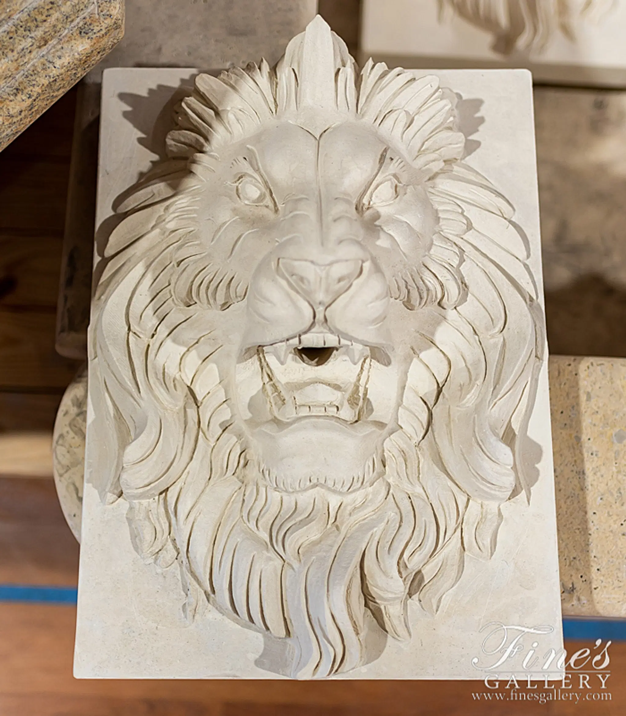 French Limestone Lion Head Wall Mount Fountain Feature — Model MF-2022 — Hand-Crafted by Fine's Gallery