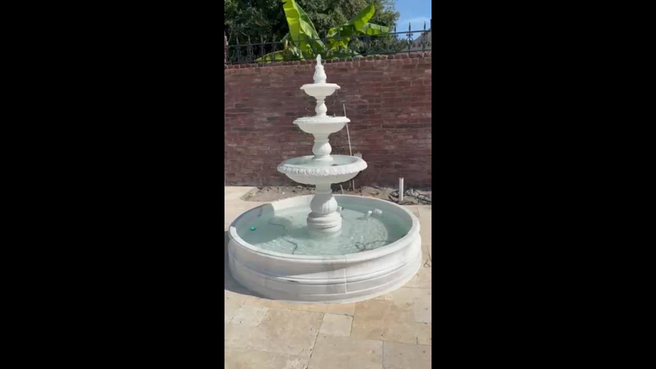 Three Tiered White Marble Fountain with Egg and Dart Edge Details — Model MF-2104 — product video