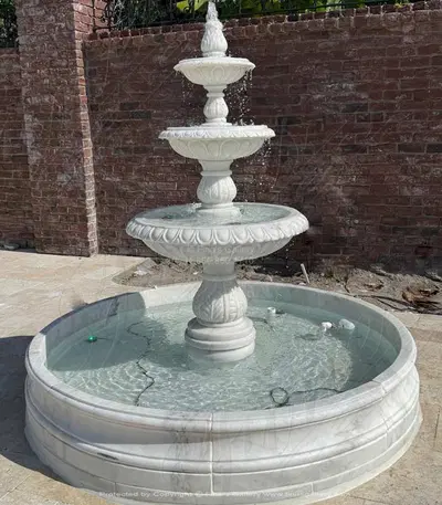 Three Tiered White Marble Fountain with Egg and Dart Edge Details