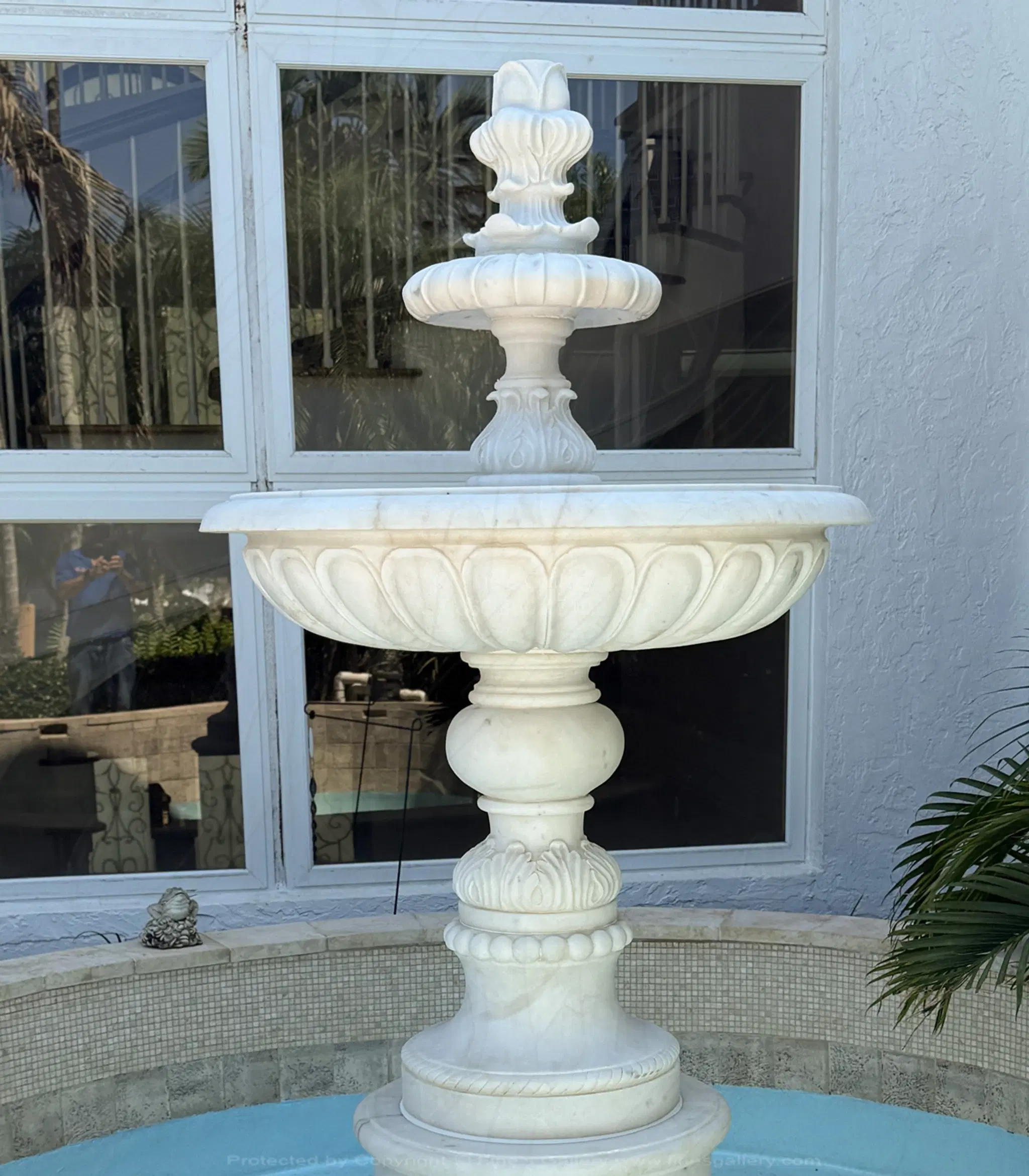 Fleur De Lis Theme Fountain in Statuary Marble — Model MF-2105 — Hand-Crafted by Fine's Gallery