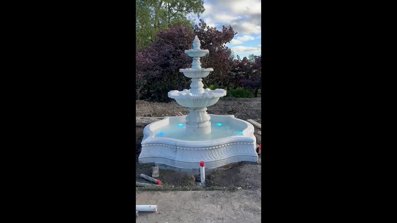 Elaborate Fountain and Matching Pool Basin in Elegant White Marble — Model MF-2129 — product video