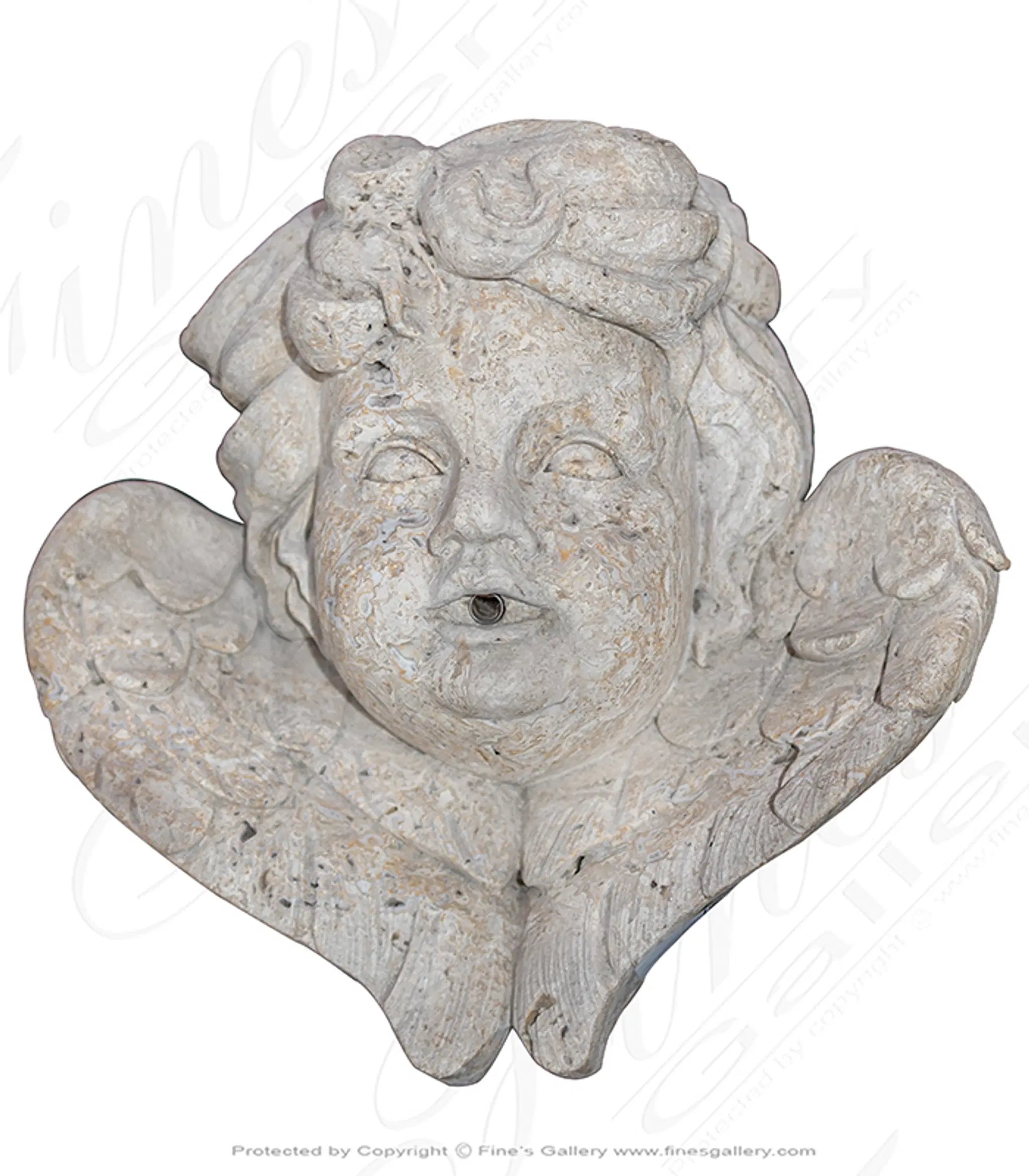 Cherub w/Wings Wall Mount Fountain in Travertine — Model MF-2124 — Hand-Crafted by Fine's Gallery