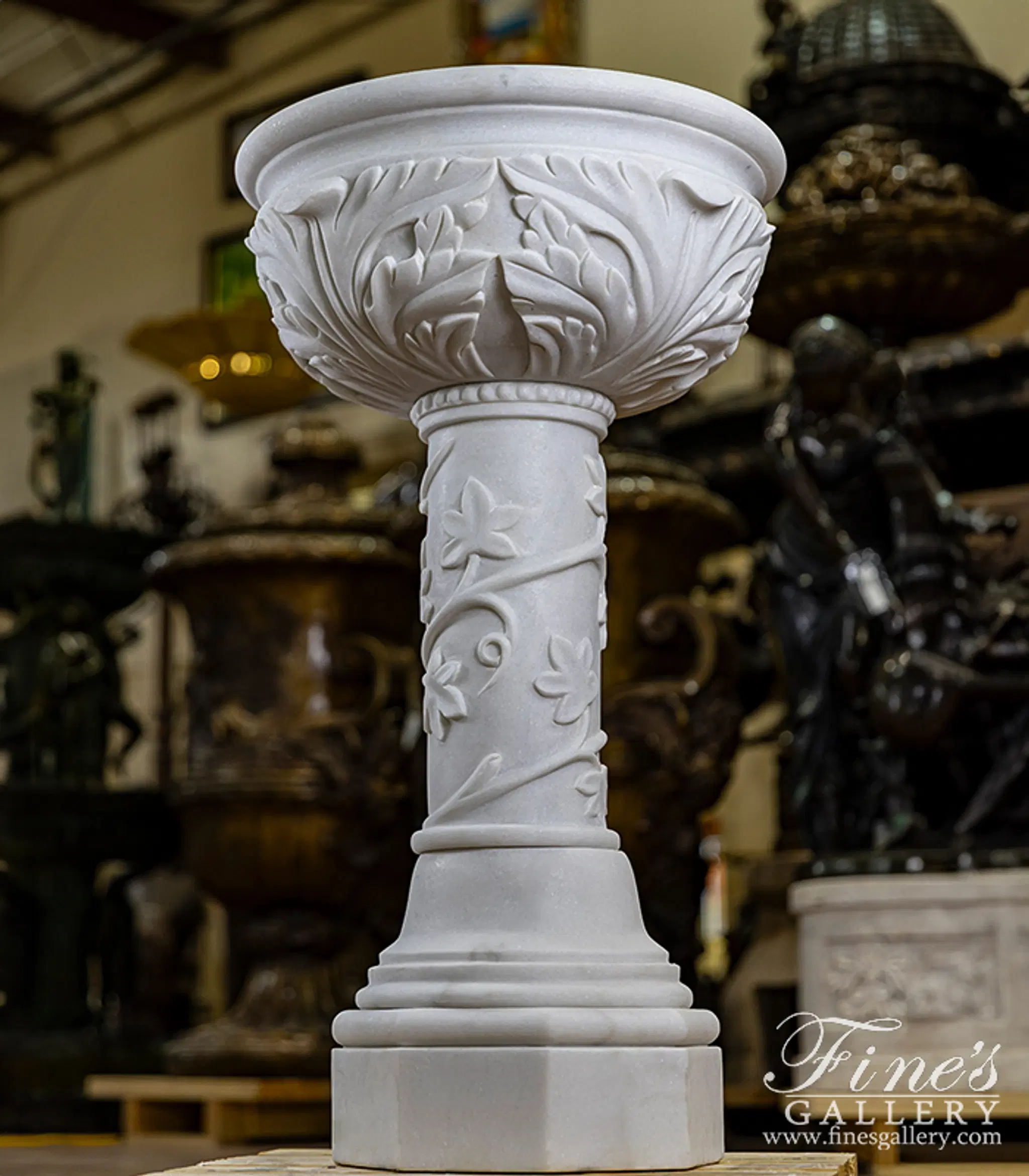 Vine and Leaf Birdbath in Statuary Marble — Model MF-2175 — Hand-Crafted by Fine's Gallery