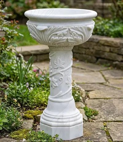 Vine and Leaf Birdbath in Statuary Marble