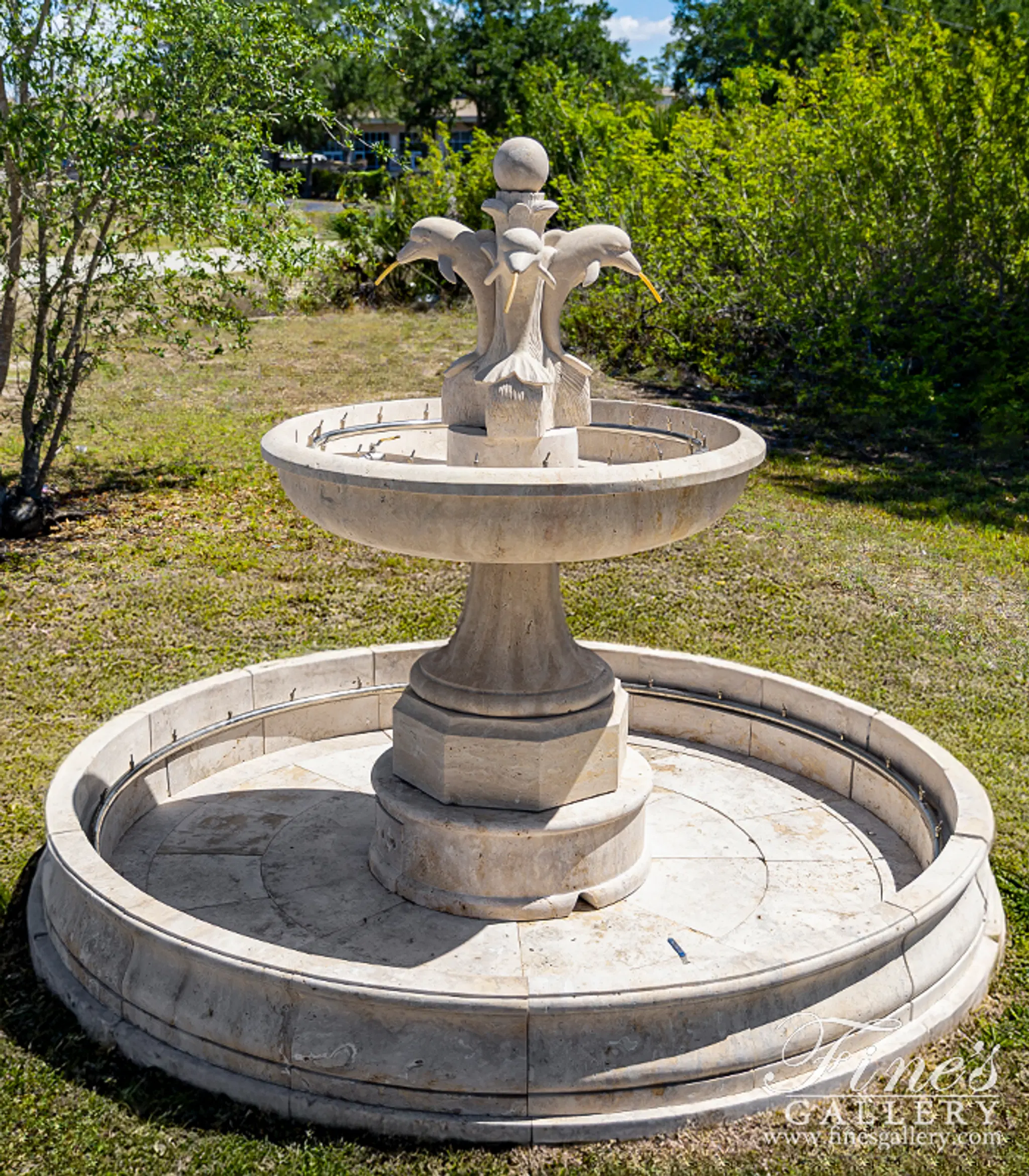 Dolphin Themed Fountain in Hand Carved Light Travertine — Model MF-2192 — Hand-Crafted by Fine's Gallery