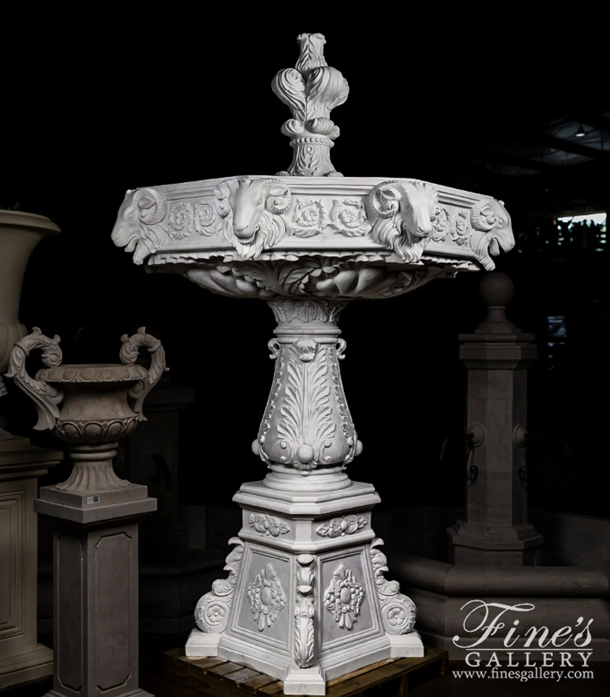 Ornate Italian Ram Head Themed Fountain in Statuary Marble — Model MF-2208 — Hand-Crafted by Fine's Gallery